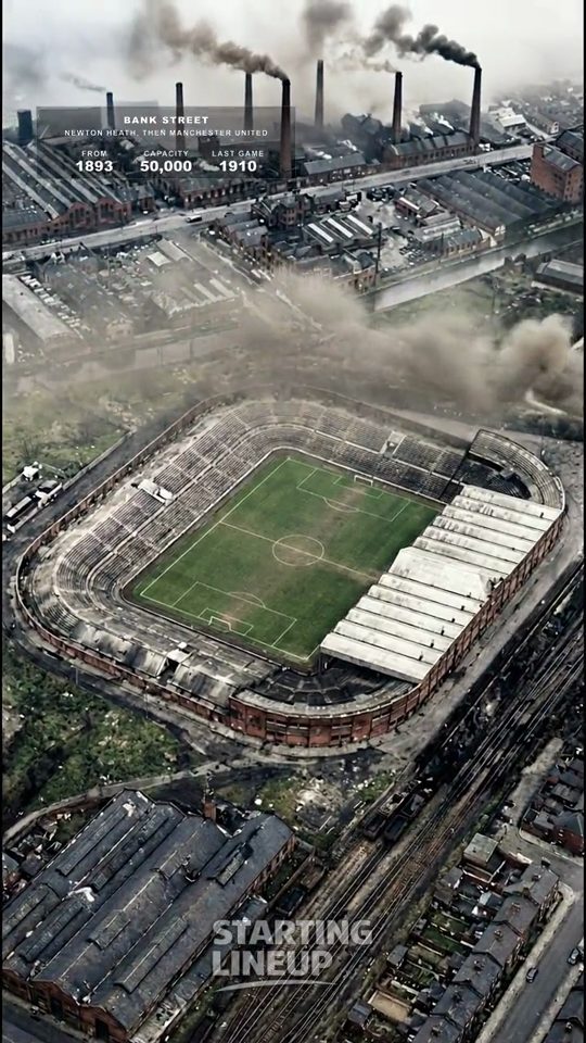 Bank Street, Manchester United, from the air, colourised