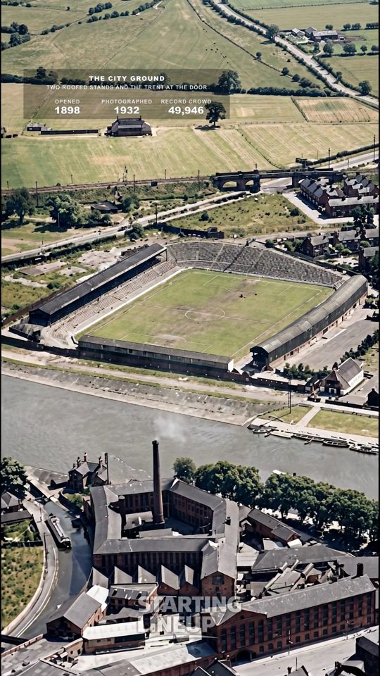 City Ground, Nottingham Forest, from the air in 1932, colourised