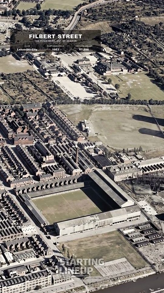 Filbert Street, Leicester City, from the air in 1953, colourised