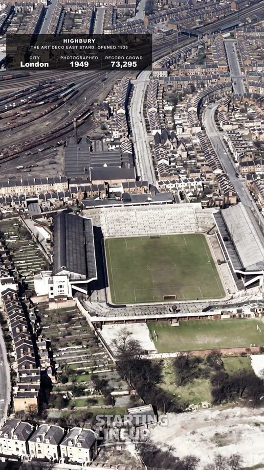 Highbury, Arsenal, from the air in 1949, colourised