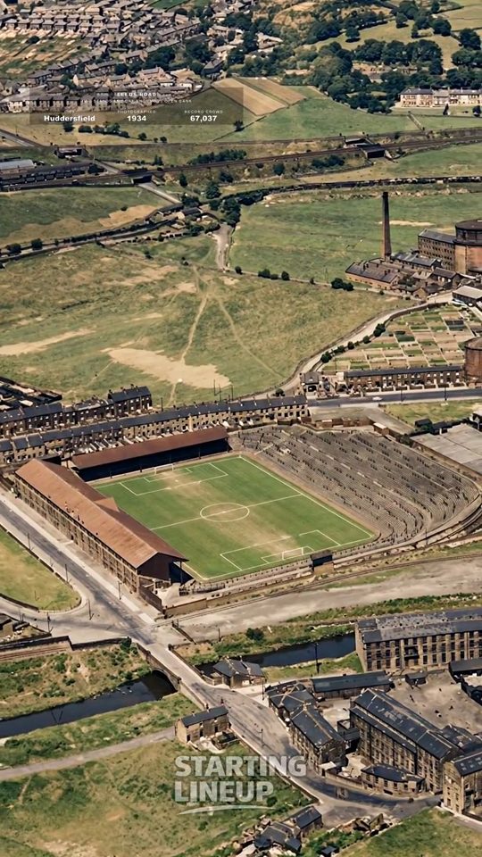 Leeds Road, Huddersfield Town, from the air in 1934, colourised
