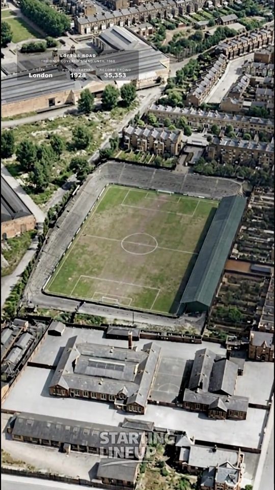 Loftus Road, Queens Park Rangers, from the air in 1928, colourised