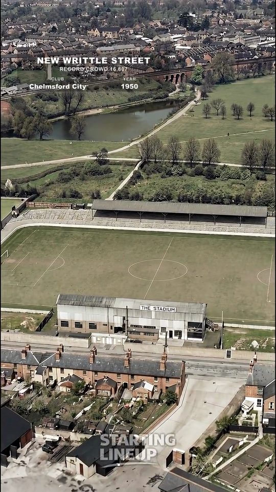 New Writtle Street, Chelmsford City, from the air in 1950, colourised