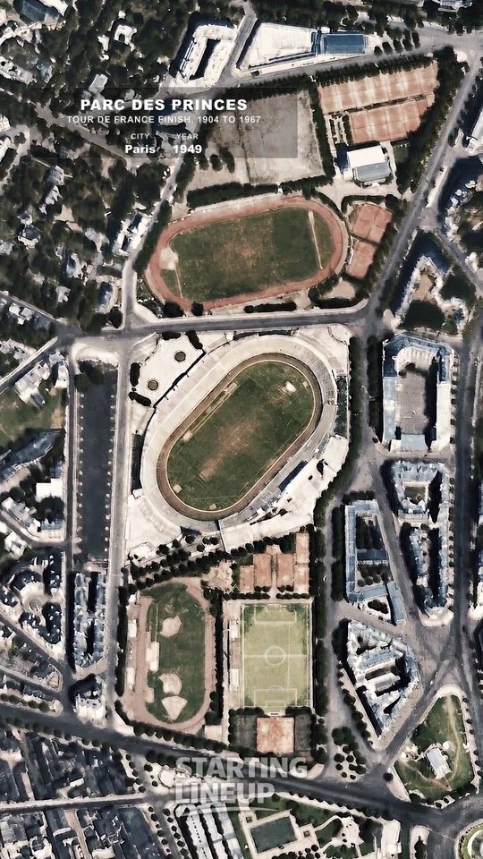 Parc des Princes, Paris, from the air in 1949, colourised
