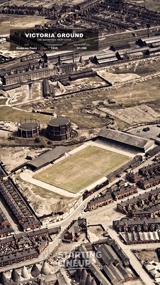 Victoria Ground, Stoke City, from the air in 1935, colourised