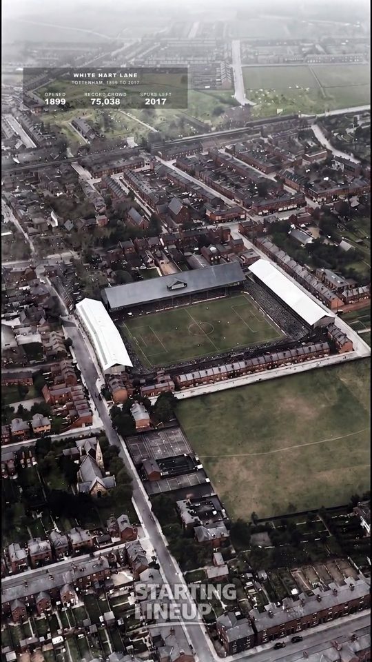 White Hart Lane, Tottenham Hotspur, from the air in 1923, colourised