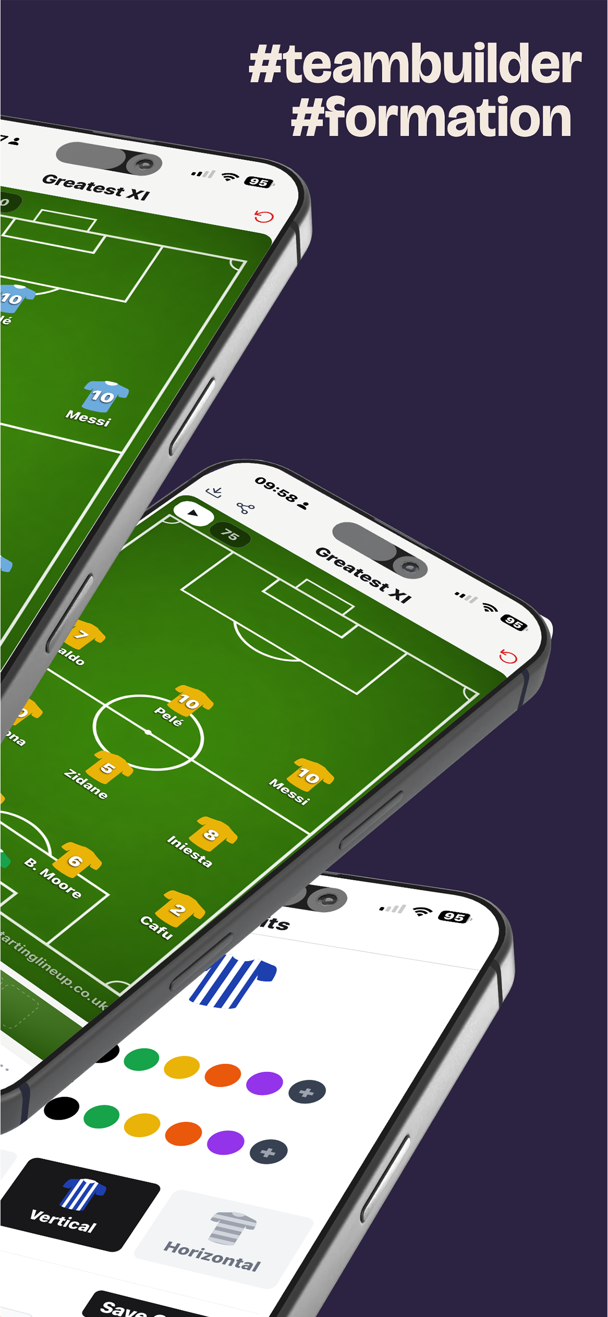 App showing multiple formation views with drag and drop player positioning