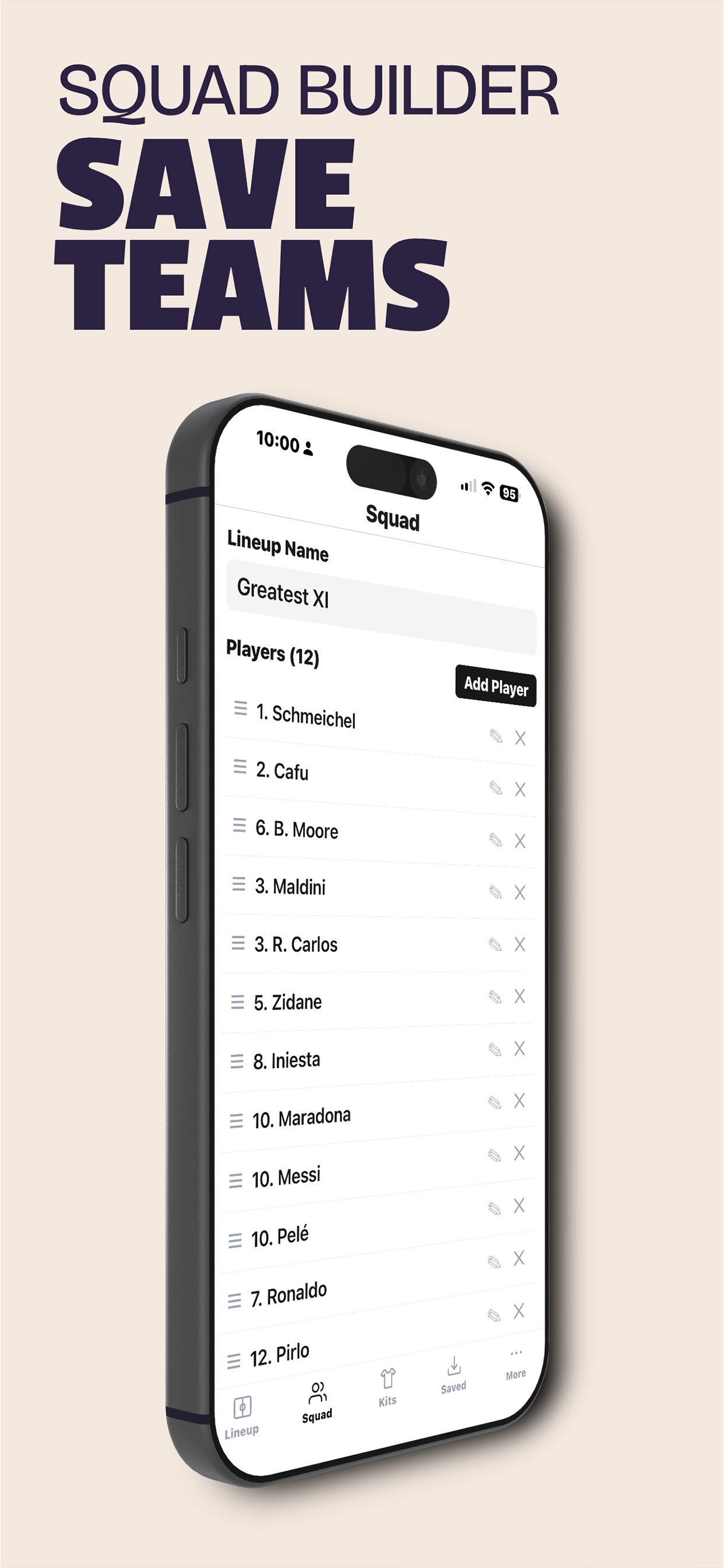 App showing squad management screen with player list