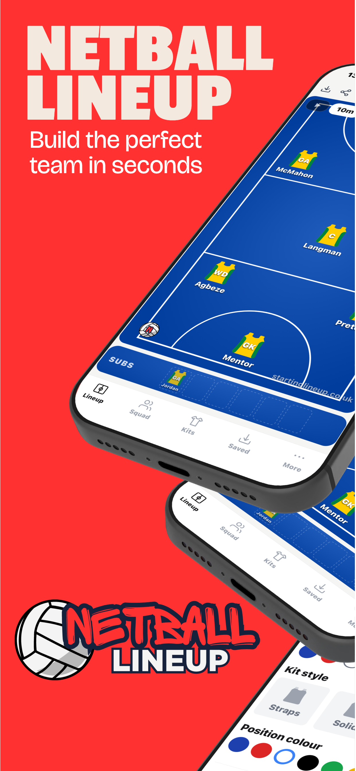 Netball Lineup app showing a team on the court