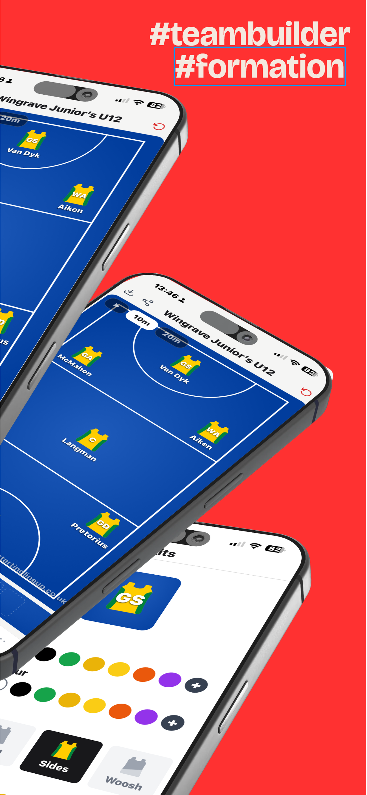 Netball Lineup app showing positions and kit customisation