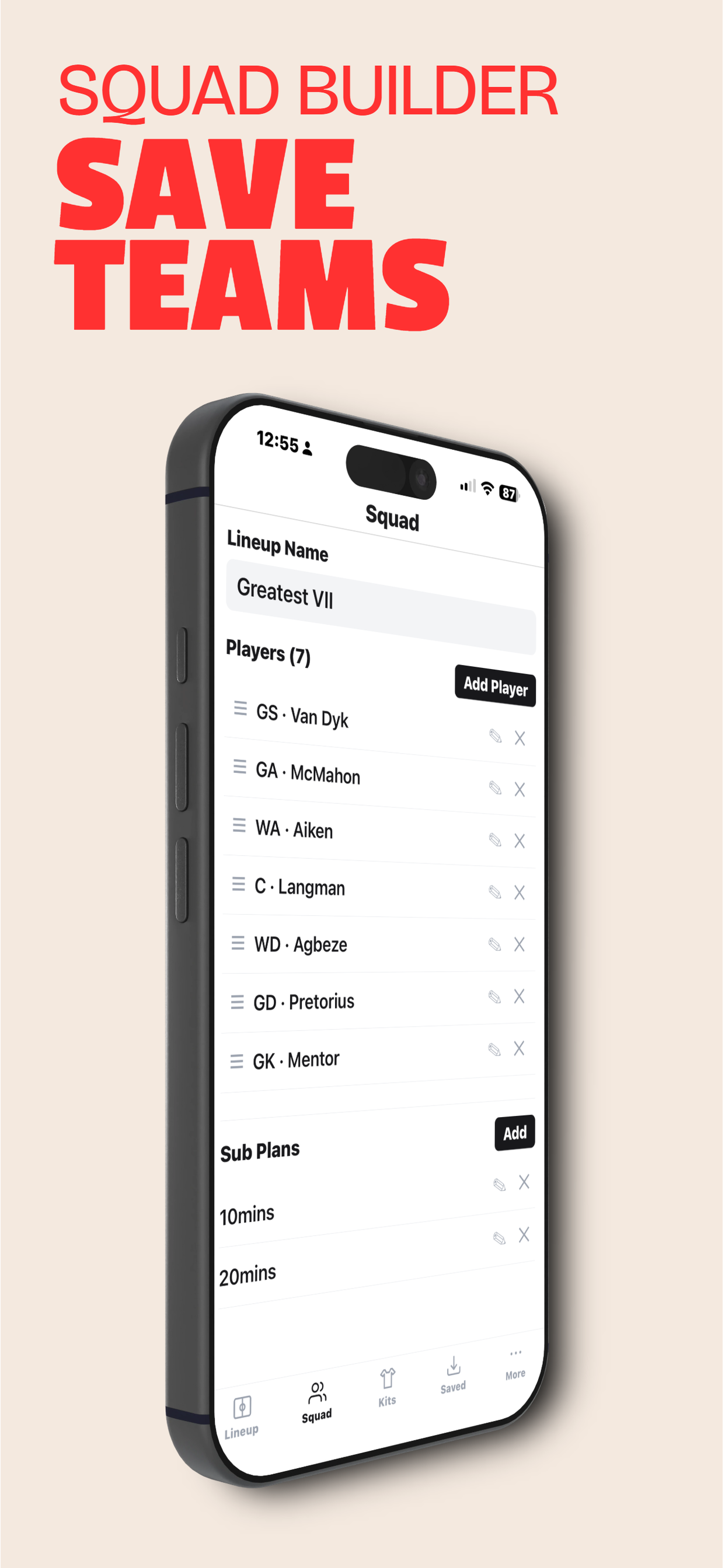 App showing squad management screen with player list