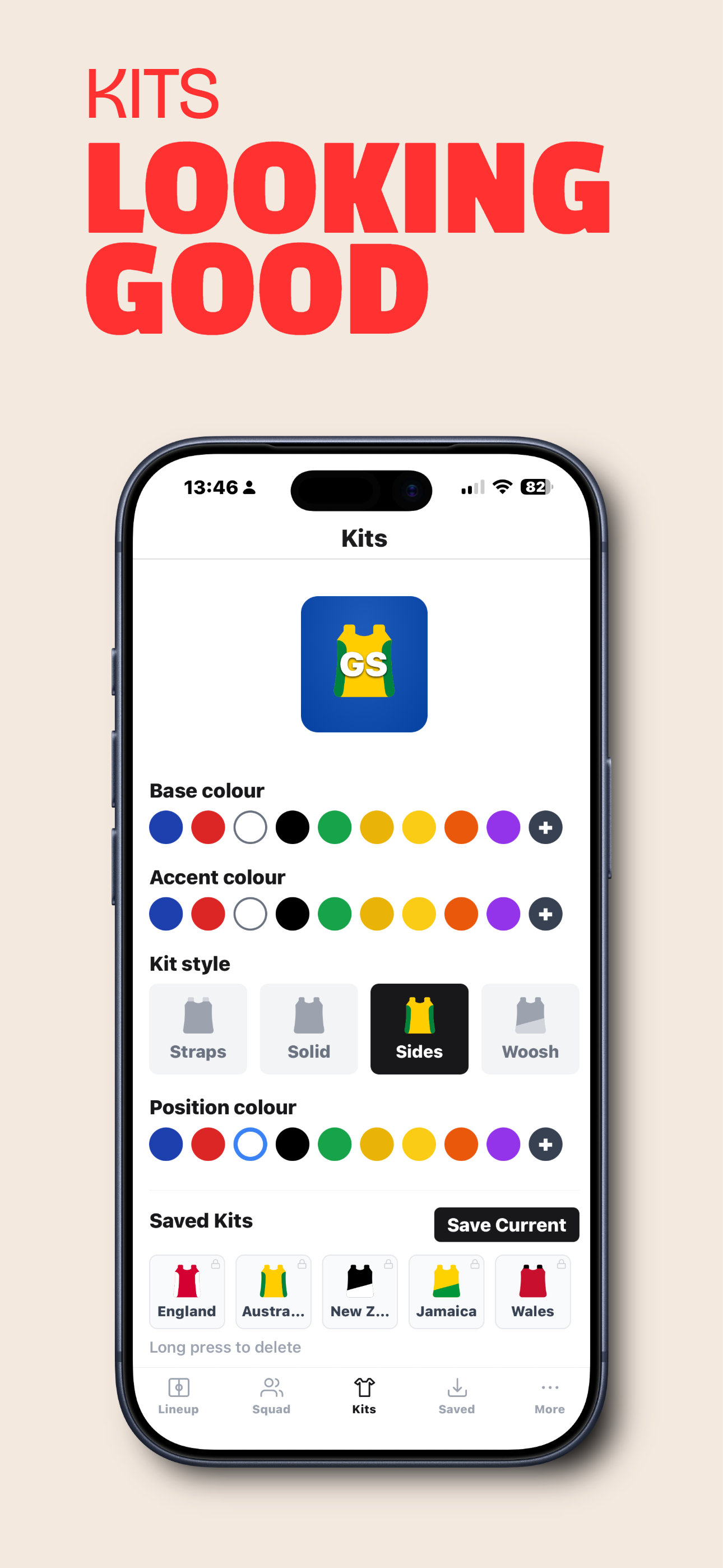 App showing kit customisation with colour picker and saved kits